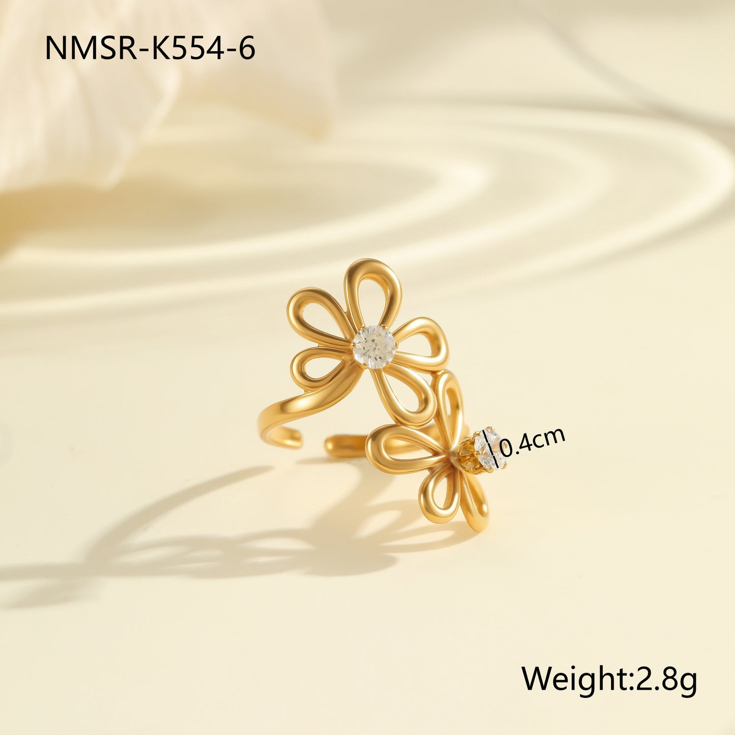 Anillo de Acero Inoxidable con Zirconia en Forma de Lazo, Chapado en Oro de 18K, Ajustable, Abierto, para Mujer