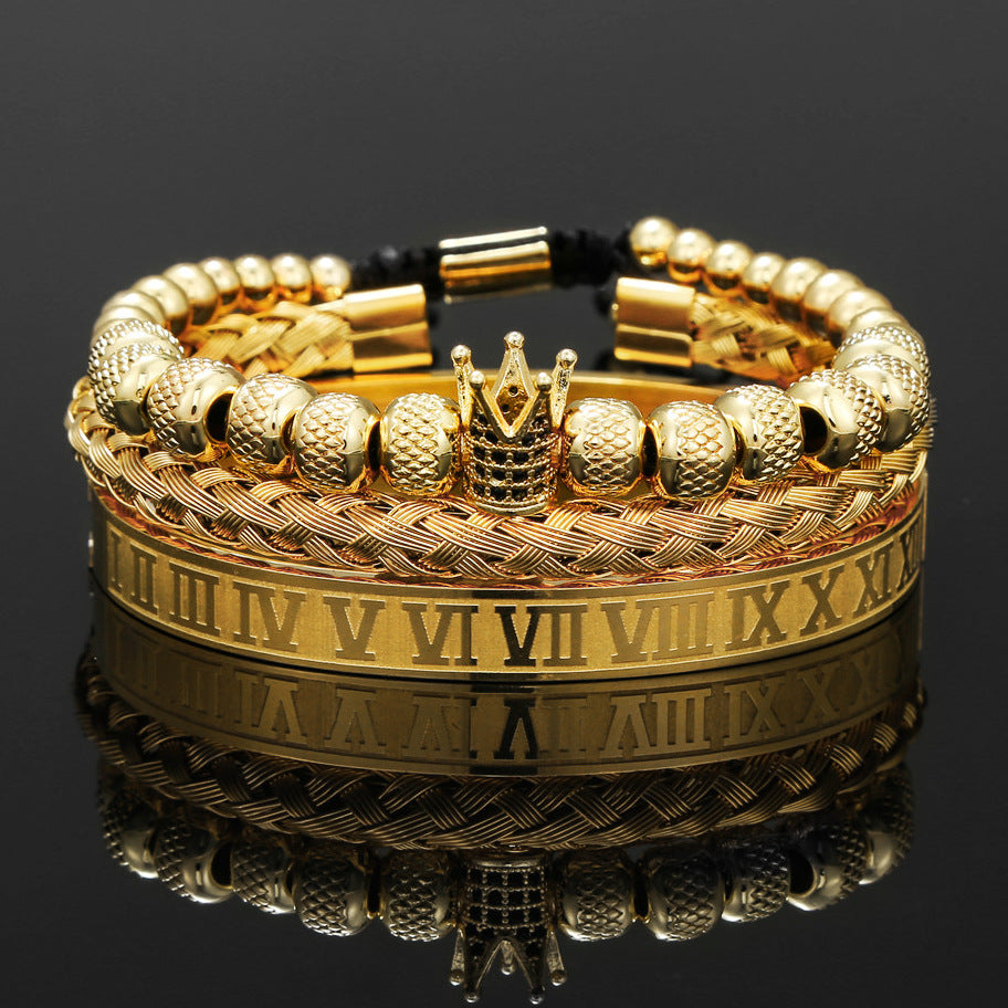 Personalized Double Leopard Head Black Agate Micro-set Cubic Zirconia Brass Stainless Steel Bracelet Set