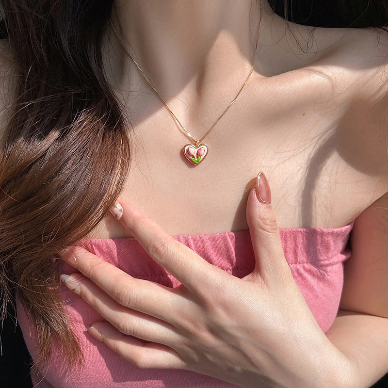 Sweet Minimalist Pink Tulip Heart Titanium Steel Plated Necklace for Women Box Chain