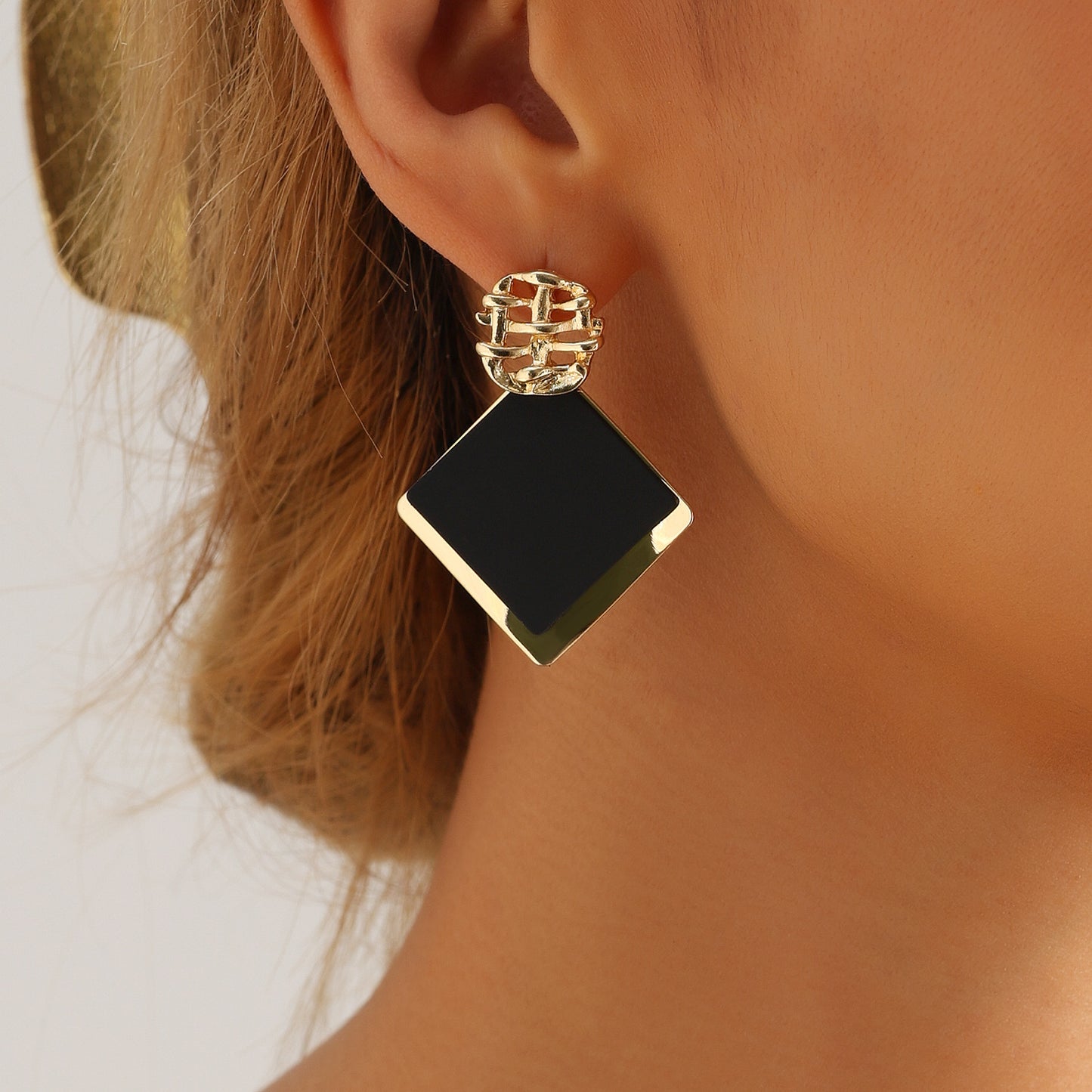 Fashionable Black Square Geometric Stud Earrings for Women with Metallic Finish and Electroplated Surface