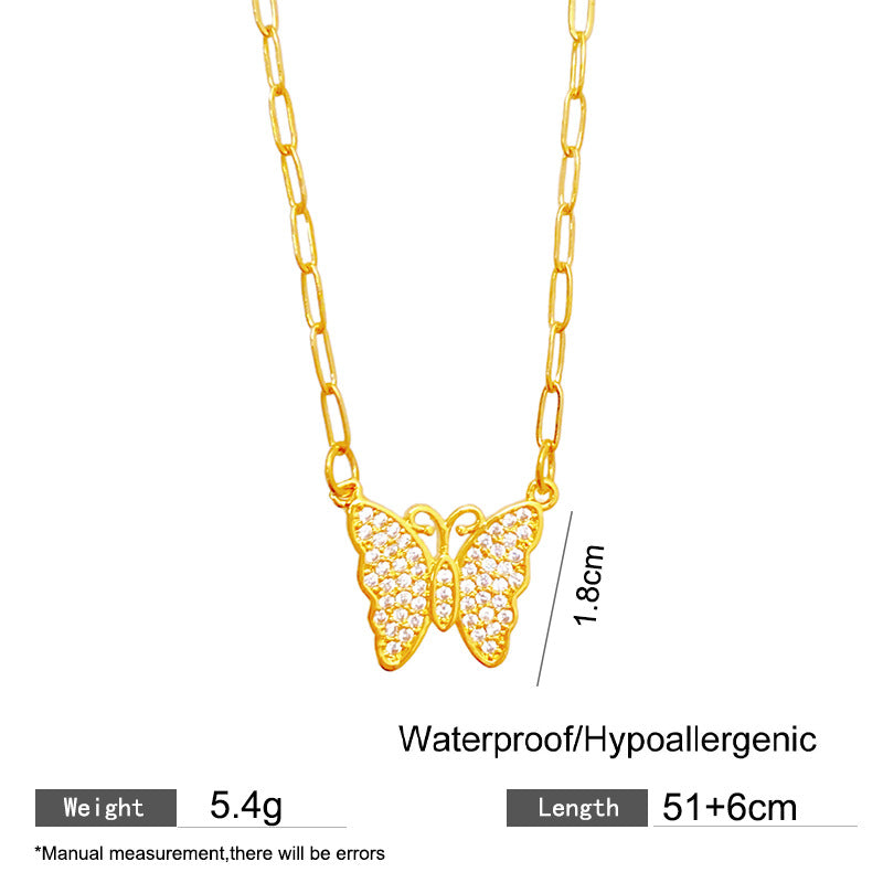 Vintage Geometric Butterfly Titanium Steel Plated Necklace with Cubic Zirconia for Unisex