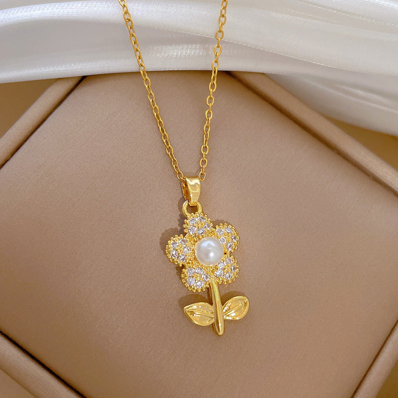 Minimalist Leaf and Flower Shaped Titanium Steel Necklace and Earrings Set with Rhinestone Inlay for Women