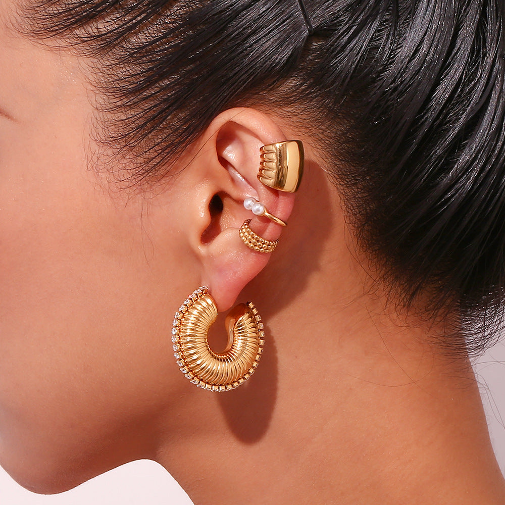 Fashionable Geometric Stainless Steel Hoop Earrings with 18K Gold Plating and Zircon Inlay for Women