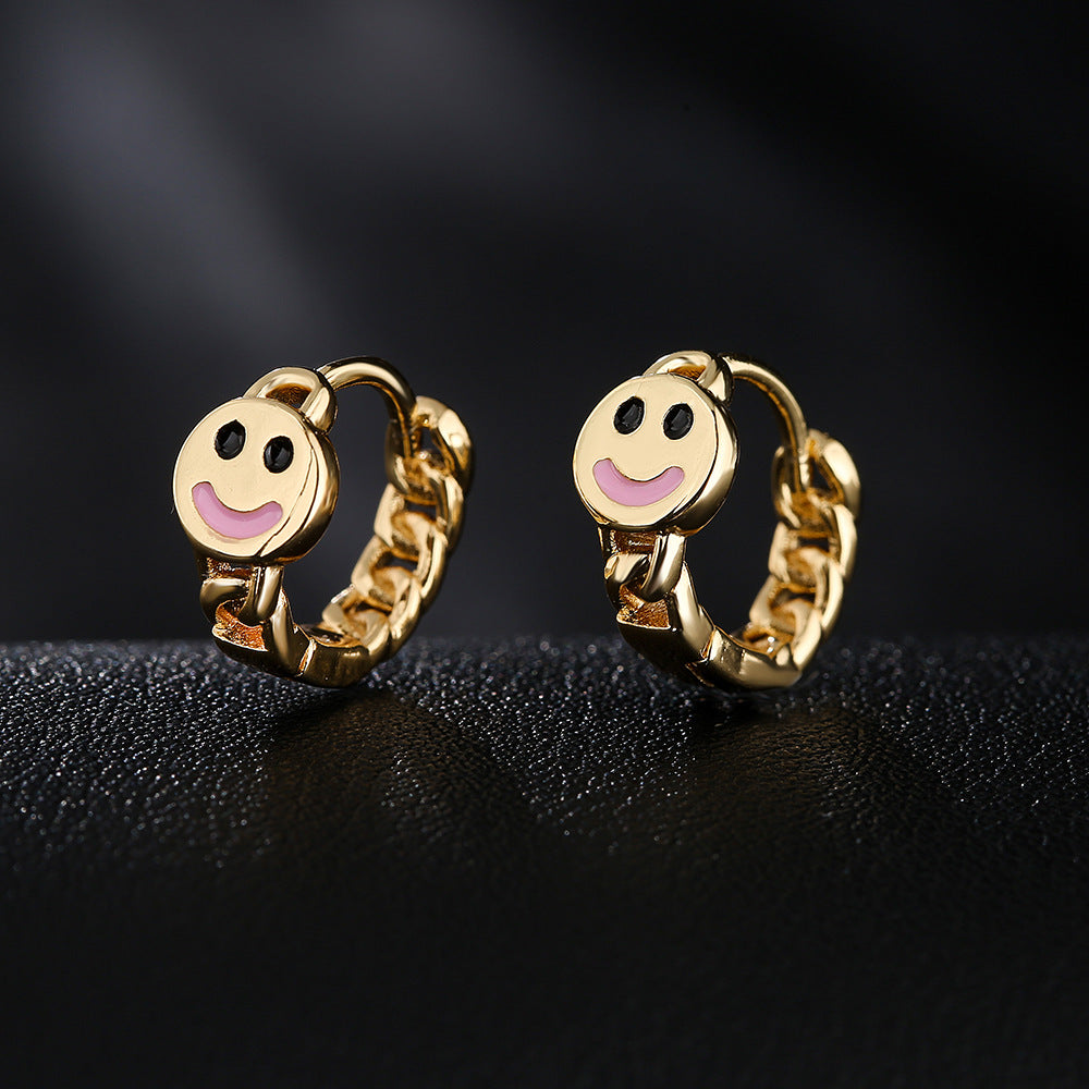 Geometric Style Smiley Face Earrings for Women with Copper Base Plated in 18K Gold and Rhinestone Inlay