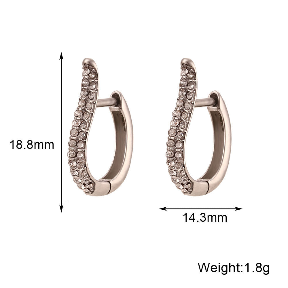 Fashion Minimalist Geometric C-Shaped Zirconia-Set Stainless Steel Earrings with 18K Gold Plating for Women