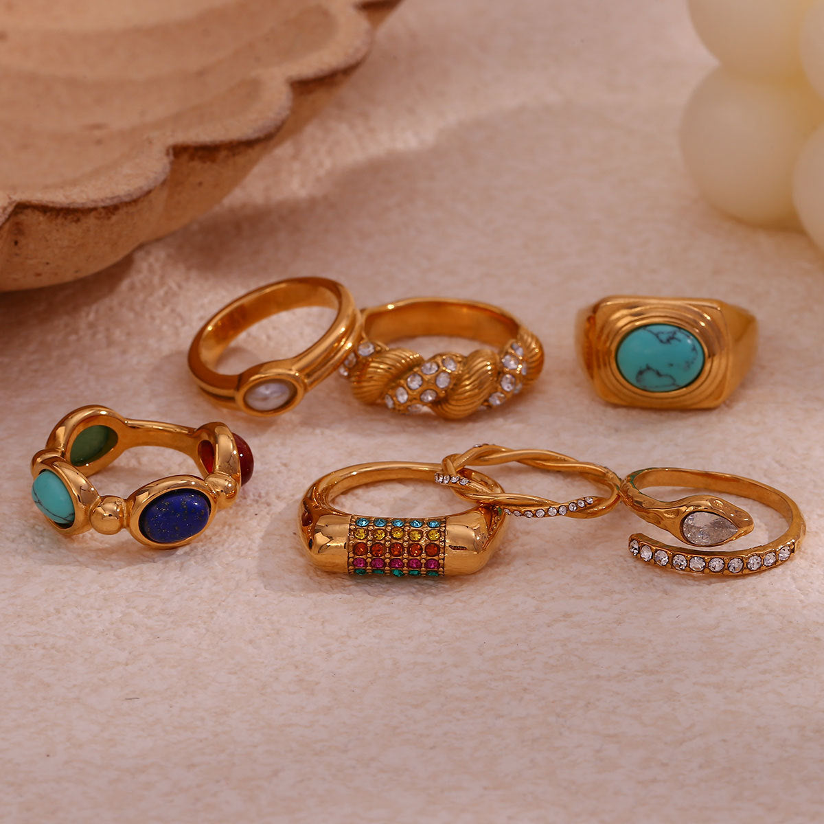 Fashionable Vintage French-Style Geometric Stainless Steel Ring Set for Women with 18K Gold Plating and Micro-Pave Detailing