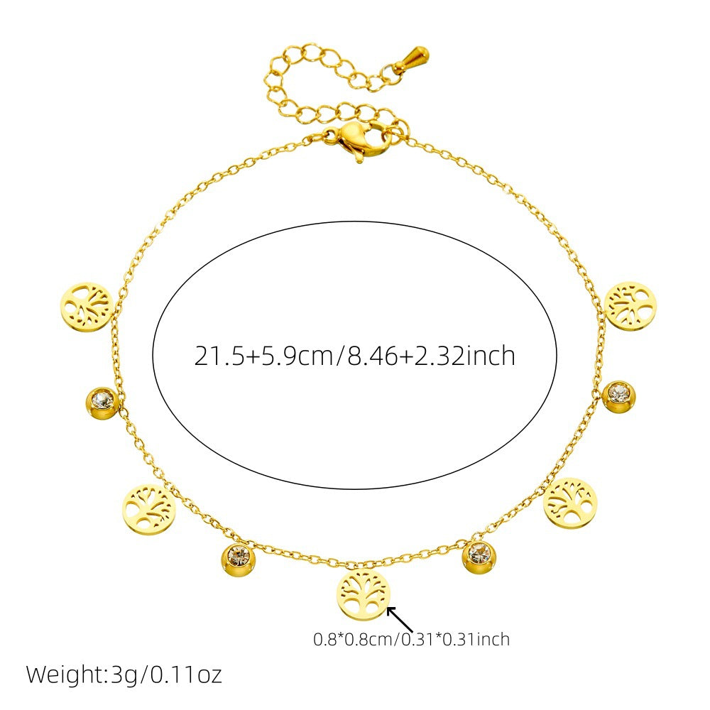 Casual Rhinestone Inlaid Round Cross Tree of Life Hollow Stainless Steel Anklet for Women