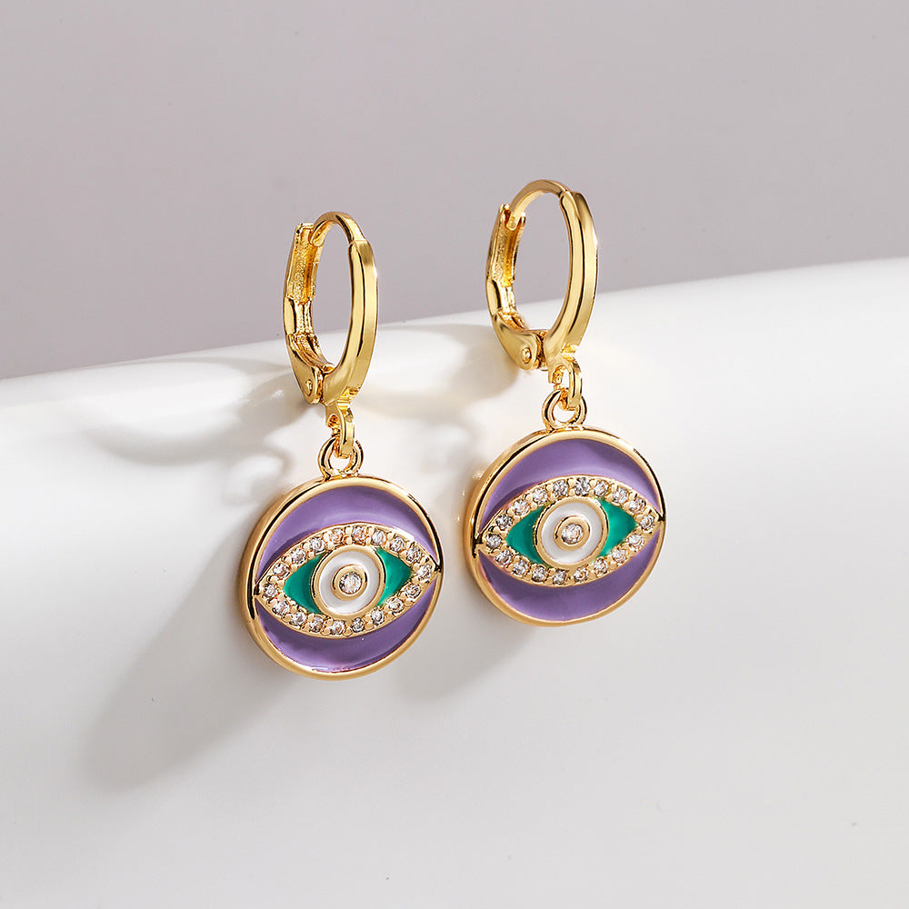 Orecchini da donna in rame in stile bohémien con placcatura in oro 18 carati e design a occhio di Allah geometrico smaltato in zirconia