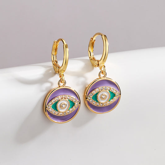 Bohemian Style Geometric Copper Earrings with 18K Gold Plating and Enamel Zirconia Evil Eye Design for Women