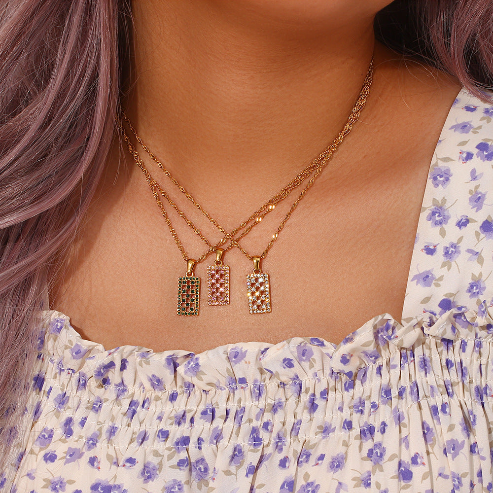Fashionable Minimalist Geometric Hollow Long Pendant Necklace for Women in Stainless Steel with Rhinestone Inlay and Plated Finish