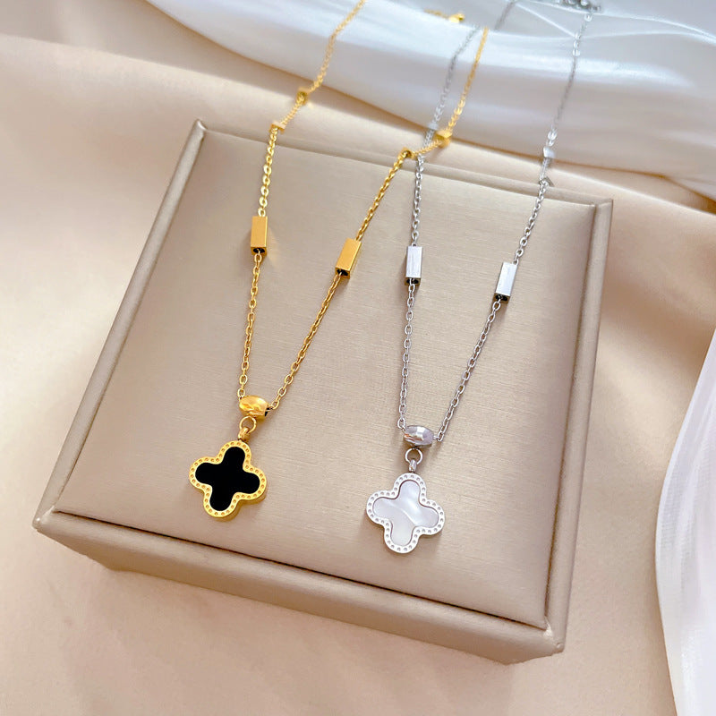 Minimalist Titanium Steel Shell and Four-Leaf Clover Pendant Necklace for Women Gold-Plated Clavicle Chain