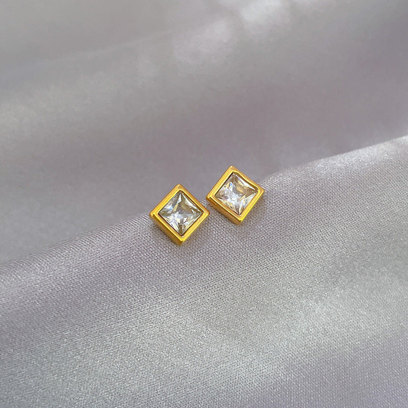 Minimalist Titanium Steel Geometric Stud Earrings with Rhinestone for Women