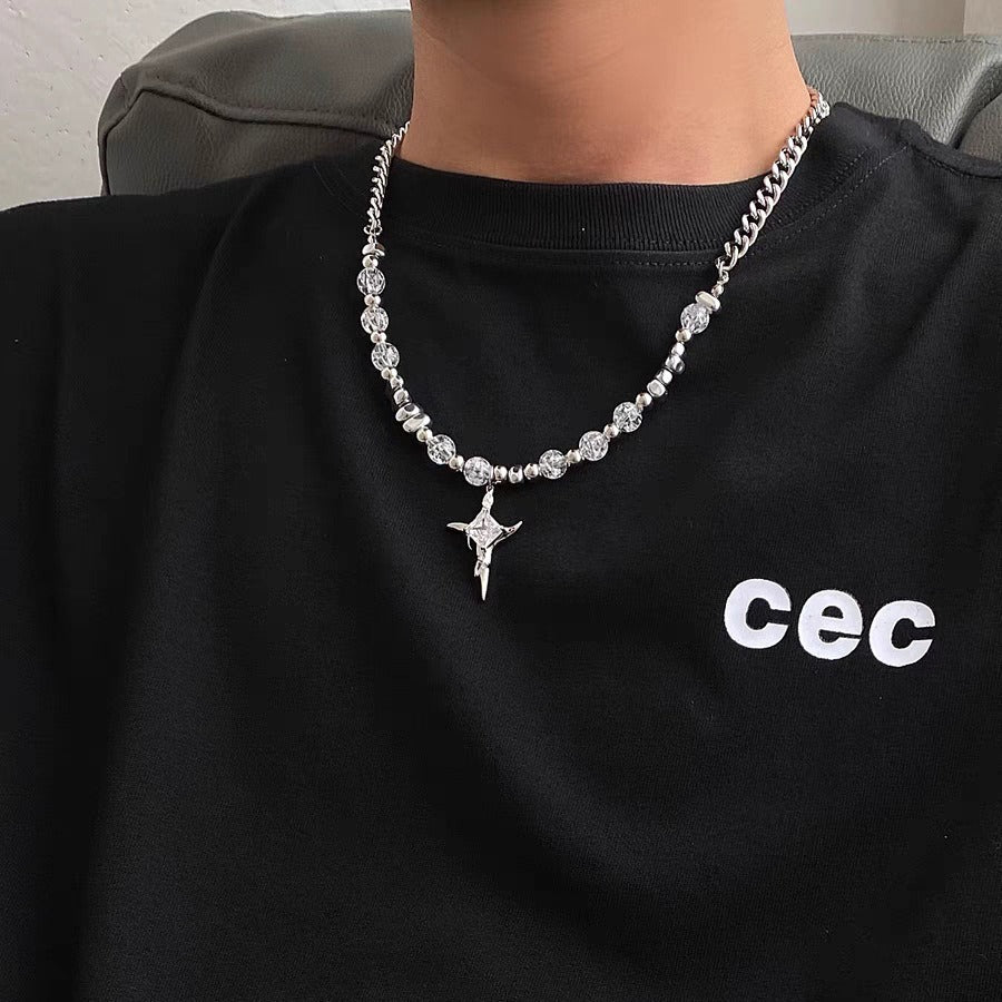 Collar con colgante de cruz minimalista de acero de titanio geométrico con detalle de cuenta agrietada para unisex, acabado pulido