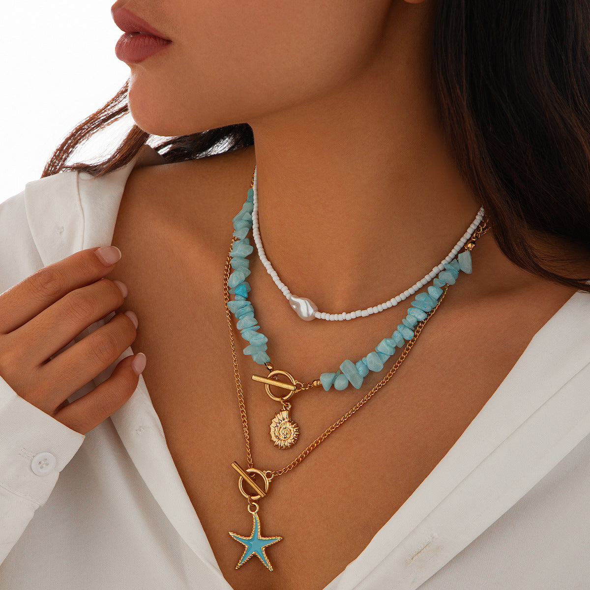 Baroque Minimalist Starfish Alloy Plated Multi-layer Pearl Choker Necklace for Women