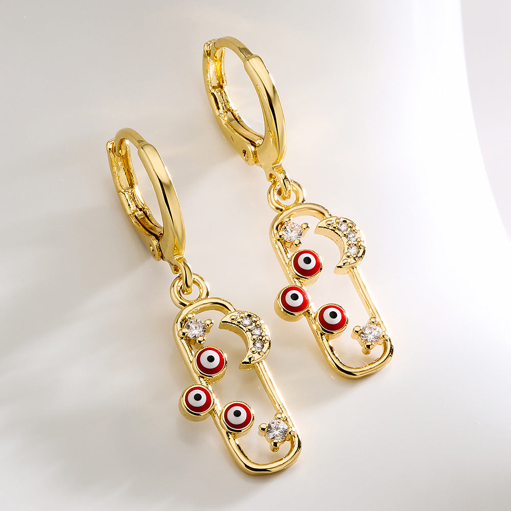 Geometric Star Moon Eye Earrings in Copper with Real Gold Plating and Zircon Inlay