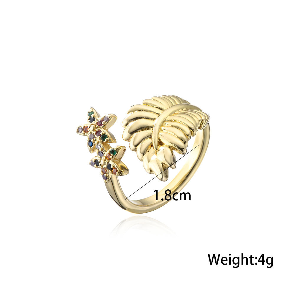 Bohemian Vintage Geometric Leaf Star Gold Plated Brass Ring for Women