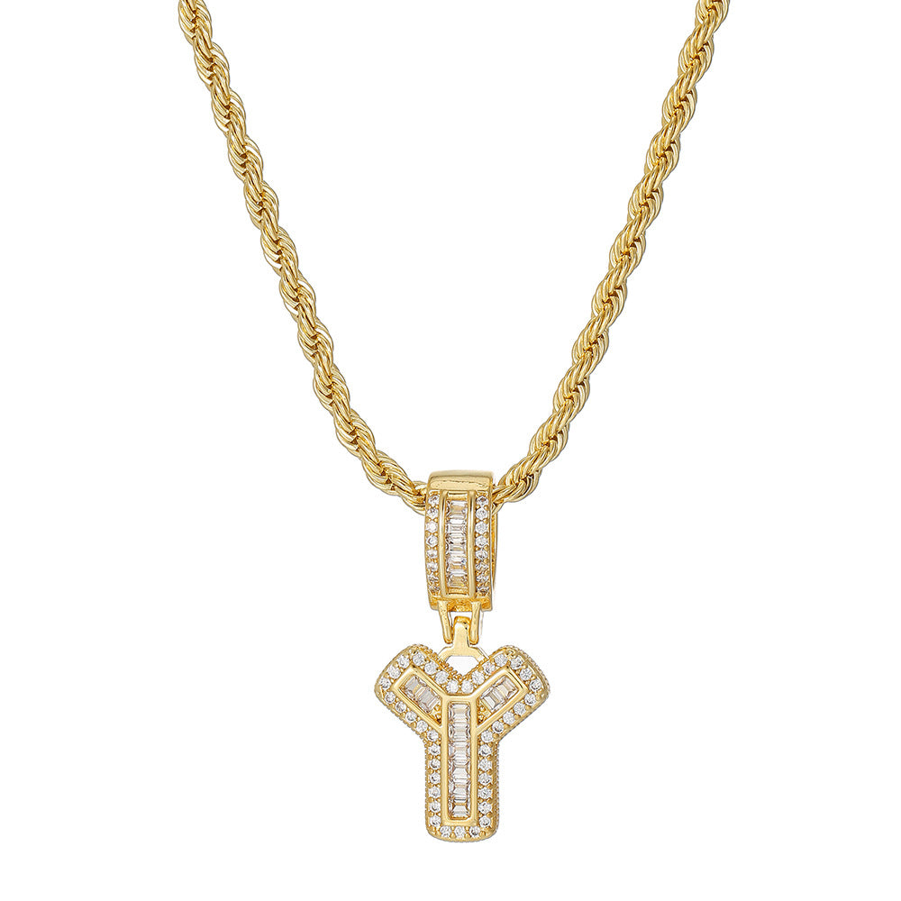 Personalized 18K Gold Plated Brass Cubic Zirconia Letter Pendant Necklace with Stainless Steel Rope Chain