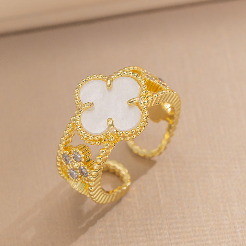 Luxury Minimalist Adjustable Open Ring for Women with Gold-Plated Copper Band and Zircon Stone Accent in Heart and Floral Shape