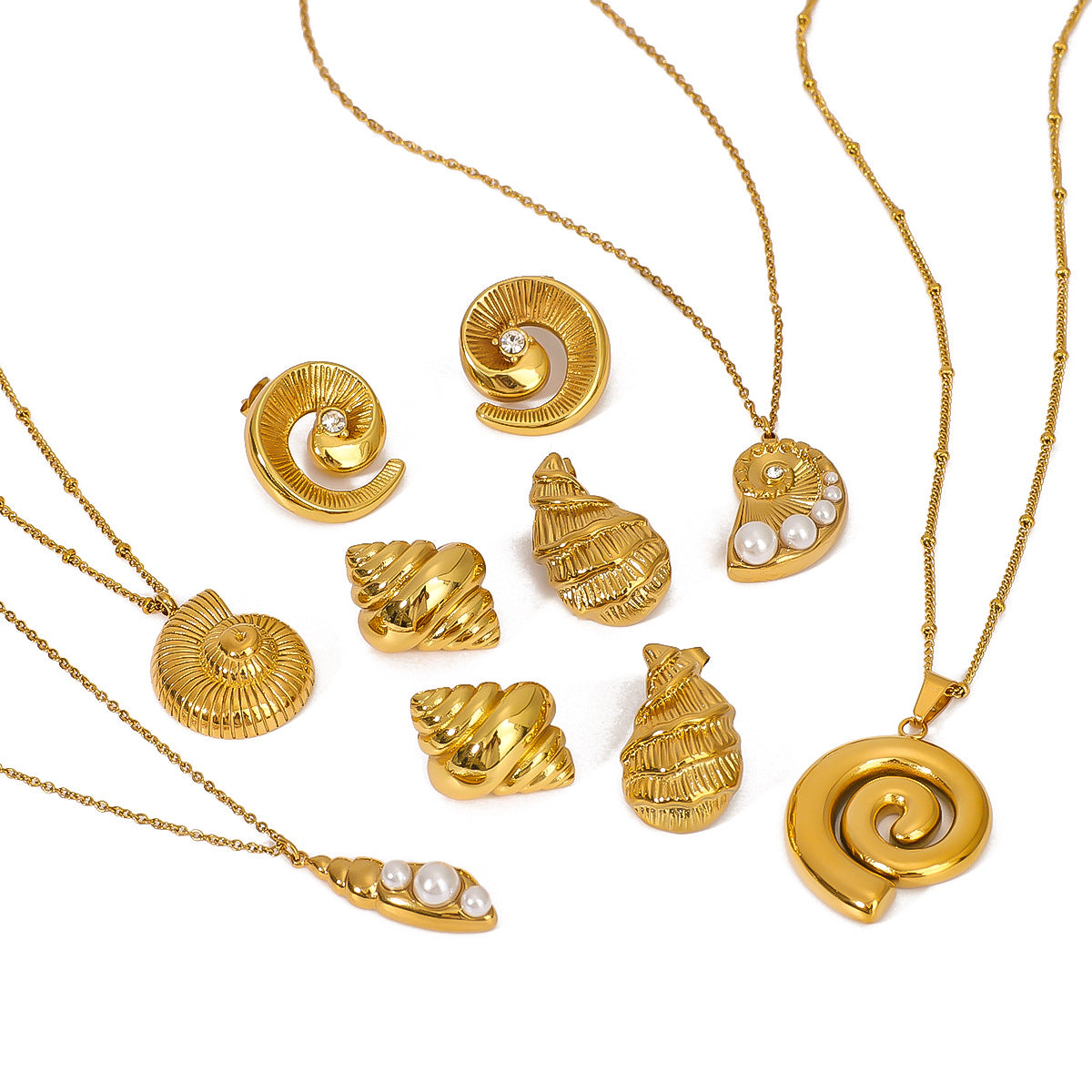 Minimalist Seashell-Shaped Titanium Steel Pendant Necklace Set with Rhinestone Inlay and Pearl Accents on O-Chain