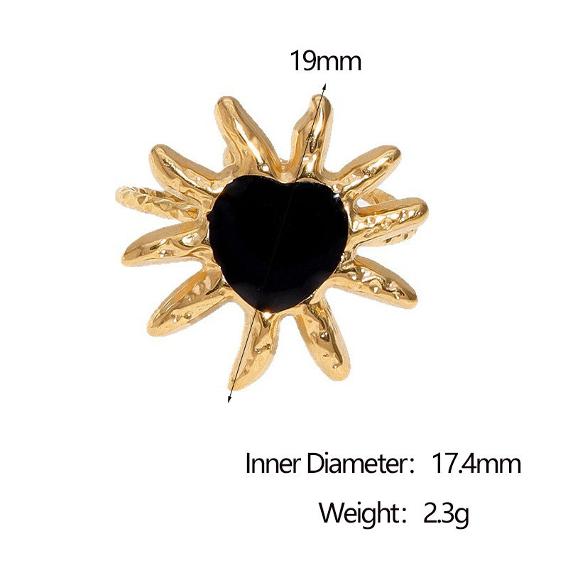 Anello aperto minimalista da donna in acciaio inossidabile placcato oro 18 carati con cuore e sole