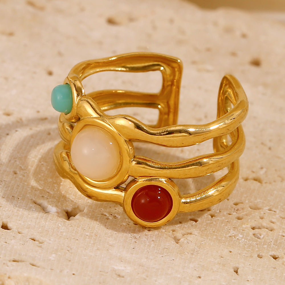 Minimalist Geometric Stainless Steel Ring with 18K Gold Plating and Multicolor Gemstone Accents for Women