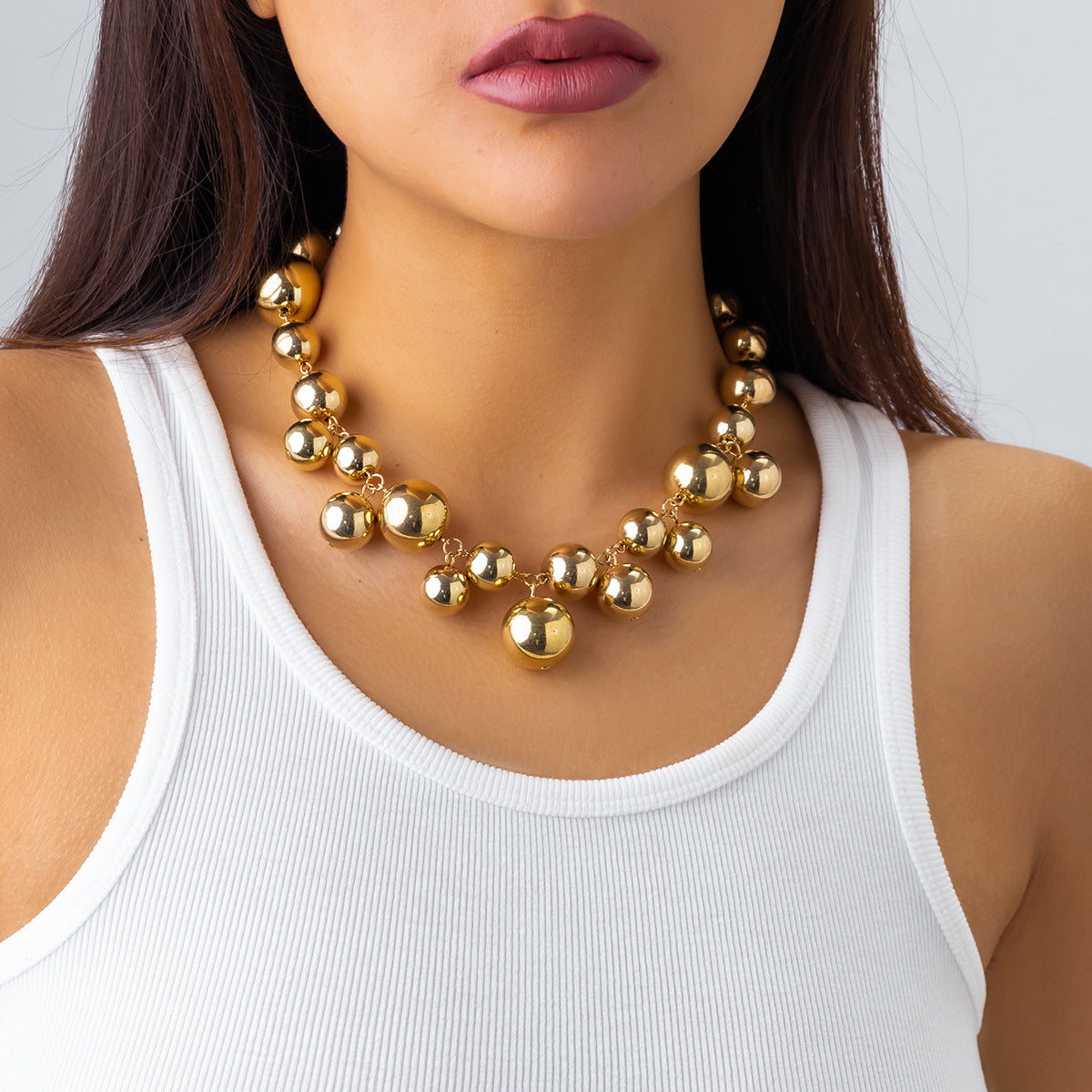Minimalist Geometric Pendant Necklace for Women with Imitation Pearl Drop and Electroplated Metal Ball Tassels on Beaded Chain
