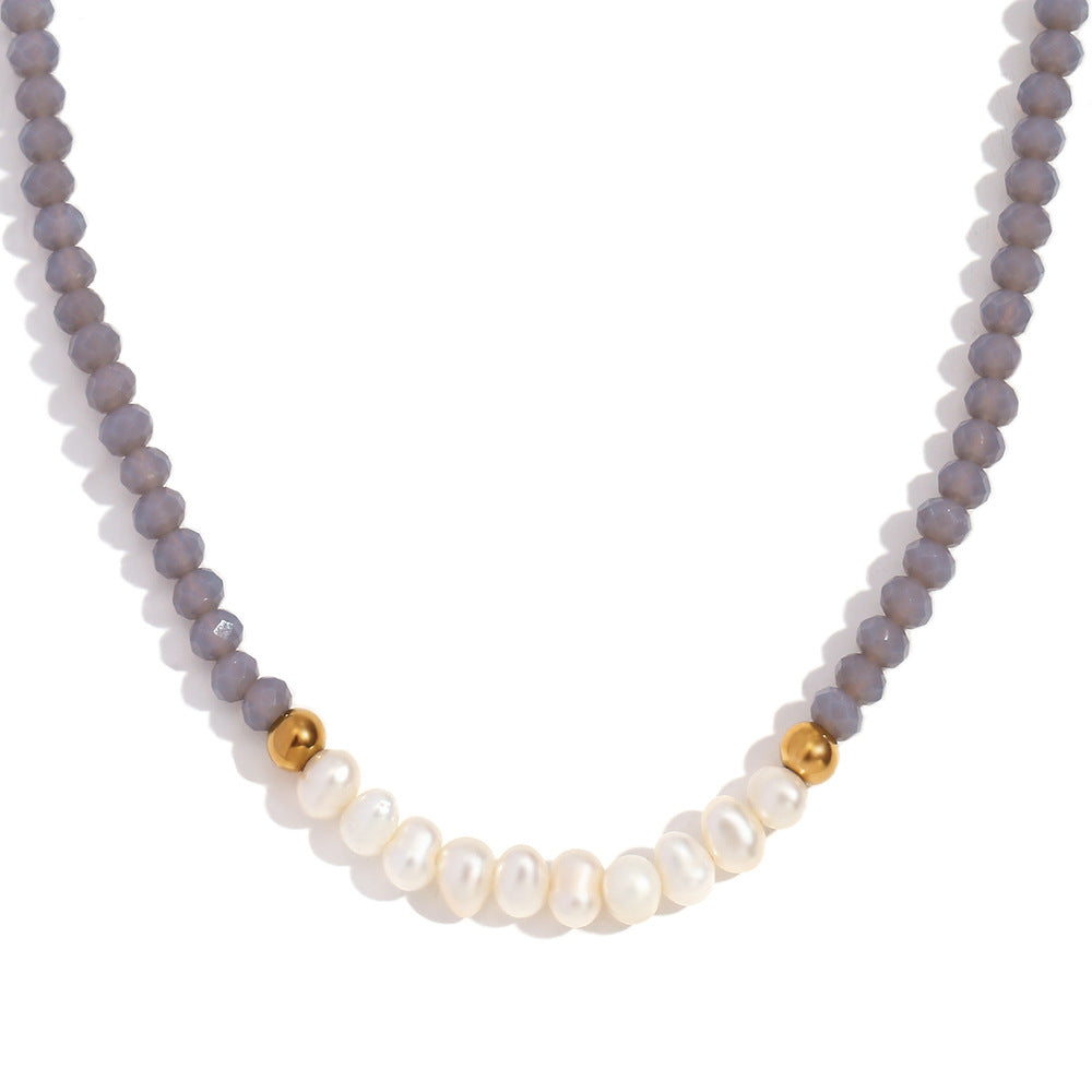 Collar con colgante geométrico de estilo vintage para mujer, cadena de acero inoxidable con diez perlas de agua dulce y cuentas de cristal facetado rojo