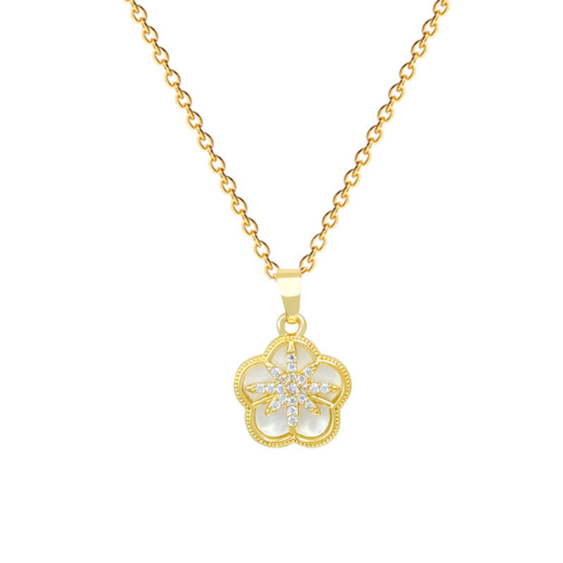 Minimalist Sweet Five-Leaf Star Geometric Rhinestone Pendant Titanium Steel Necklace for Unisex