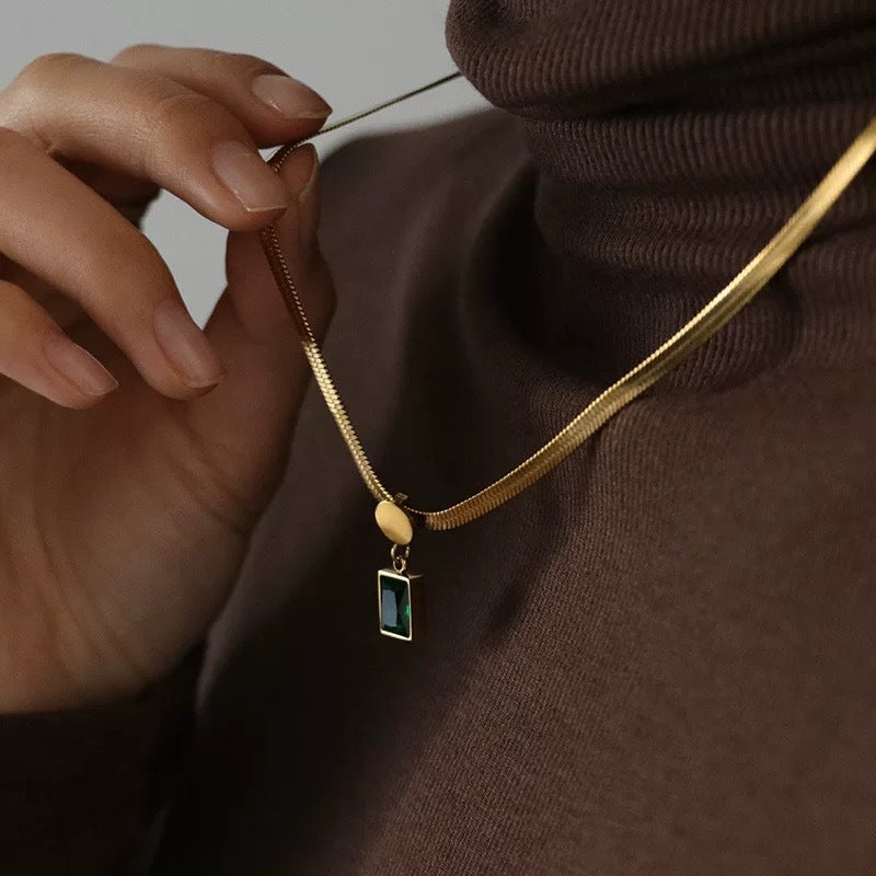 Vintage Green Square Cubic Zirconia Titanium Steel Necklace with Flat Snake Chain for Women