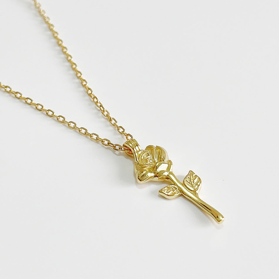 Sweet 925 Sterling Silver Rose Gold Plated Geometric Rose Flower Necklace