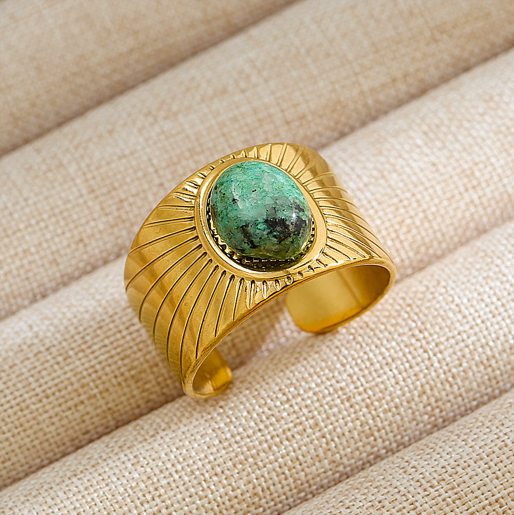 Anillo de Acero Titanio en Forma de U Geométrico Estilo Punk con Baño de Oro de 18K y Piedra Ovalada de Lava Micro-Pavé