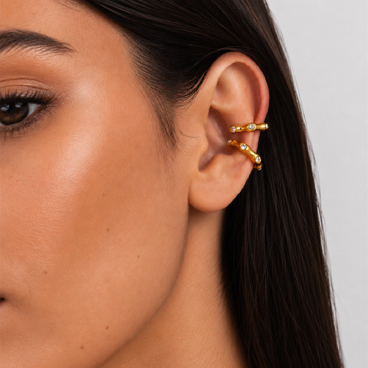18K Gold Plated PVD Stainless Steel C-Shape Rhinestone Bamboo Segment Clip-on Earrings for Women