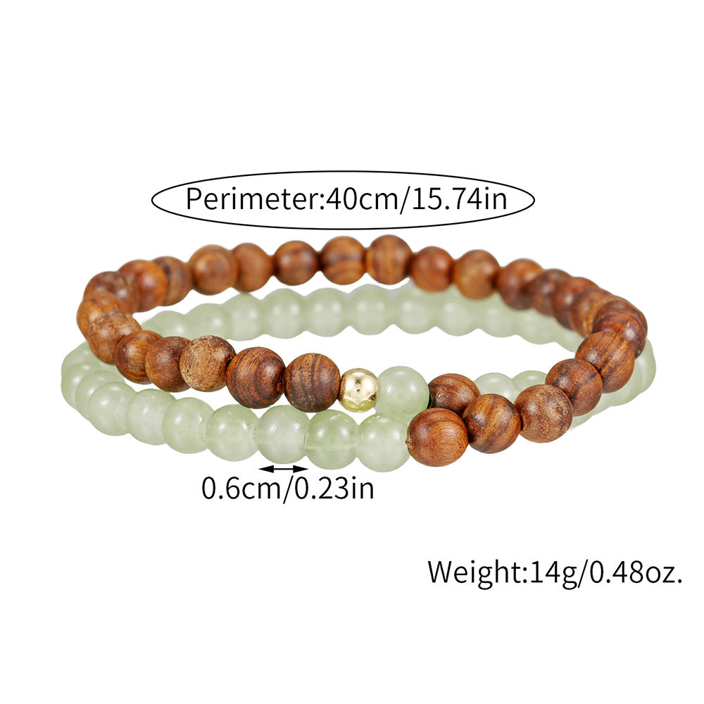 New Chinese Style Ethnic Double Layer Wood and Imitation Jade Beaded Bracelet for Women