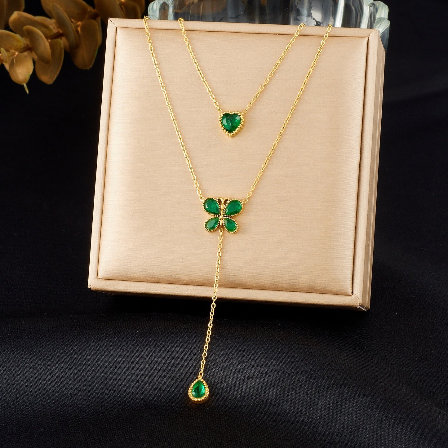 Fashion Streetwear Rhinestone Inlaid Heart Butterfly Teardrop Stainless Steel Pendant Double Layer Necklace