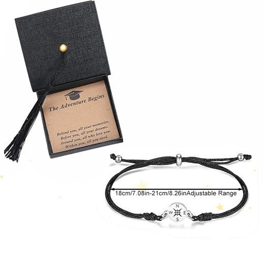 Minimalist Natural Braided Charm Bar Bracelet with Compass Pendant and Blessing Card