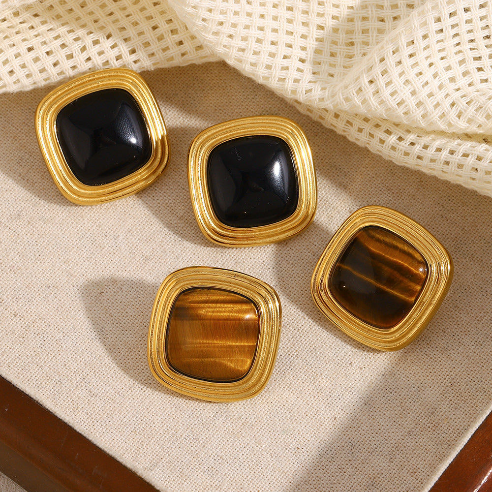 Vintage-Style Geometric Tiger Eye Stud Earrings in Stainless Steel with 18K Gold Plating for Women