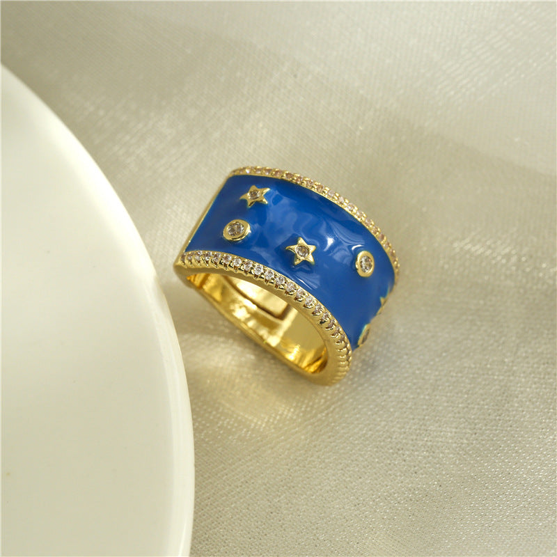 Elegant Geometric Drip Oil Brass Ring with Micro-Inlaid Cubic Zirconia for Women