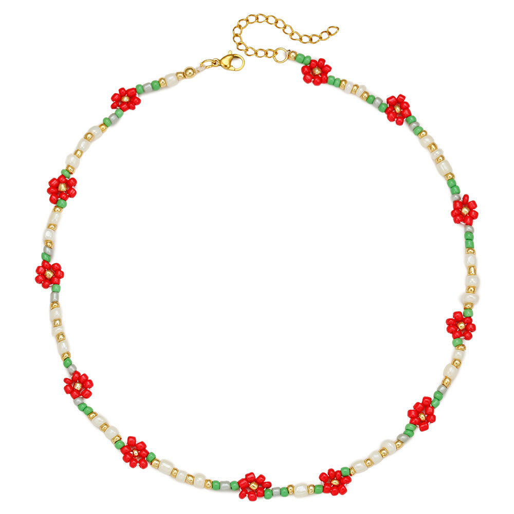Vintage Handmade Geometric Floral Glass Bead and Pearl Bracelet for Women
