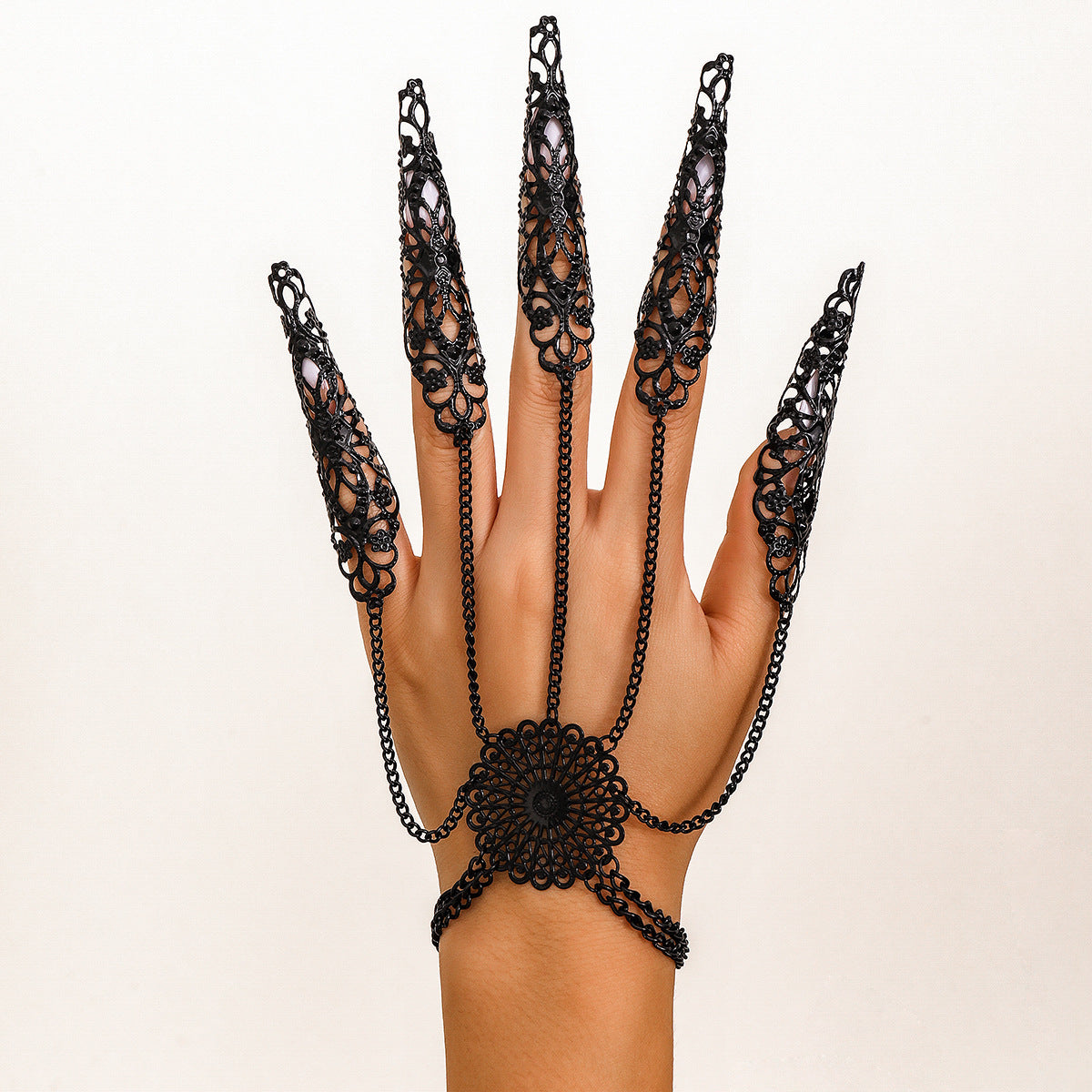 Gothic Punk Plated Alloy Geometric Floral Finger Chain Bracelet for Women