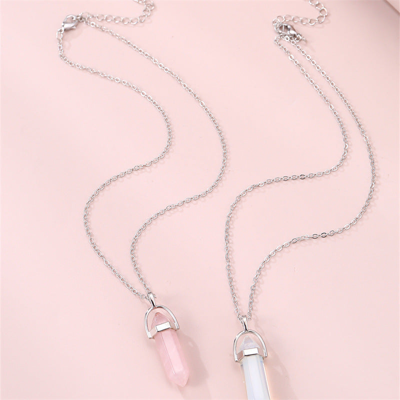 Collar con colgante de prisma hexagonal azul y rosa, rombo geométrico minimalista, con cadena retorcida, para niños