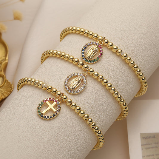 Pulsera Minimalista con Colgante de Cruz para Mujer en Cobre con Circonitas Microengastadas, Diseño Geométrico Religioso