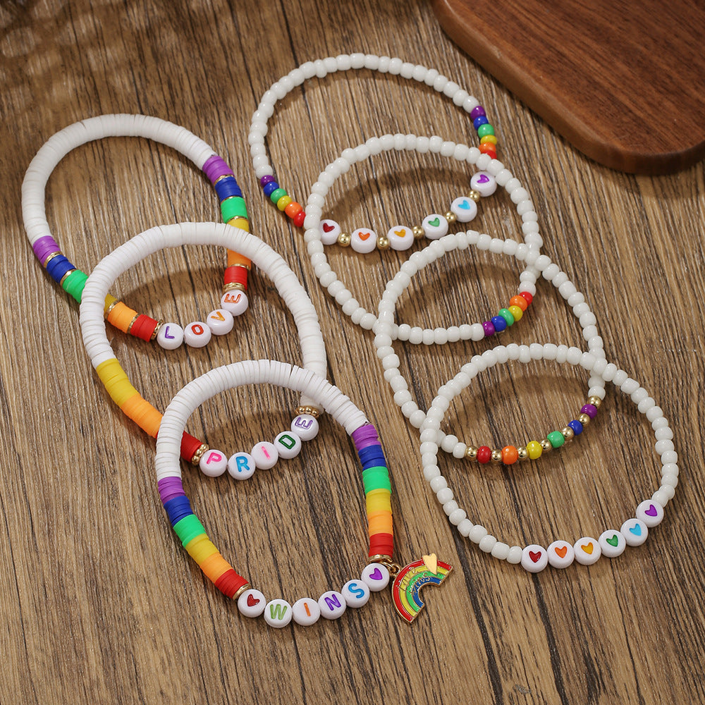 Streetwear Rainbow Gradient Heart Geometric Resin Acrylic Glass Bead Stretch Bracelet Set