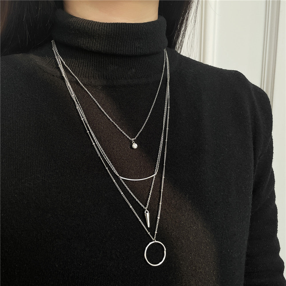 Fashion Geometric Moon Pendant Alloy Plated Necklace with Rivets Multi-layer Cable Chain for Unisex