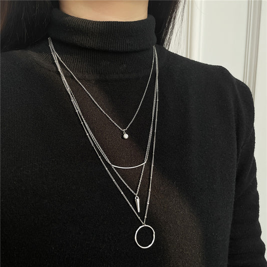 Fashion Geometric Moon Pendant Alloy Plated Necklace with Rivets Multi-layer Cable Chain for Unisex