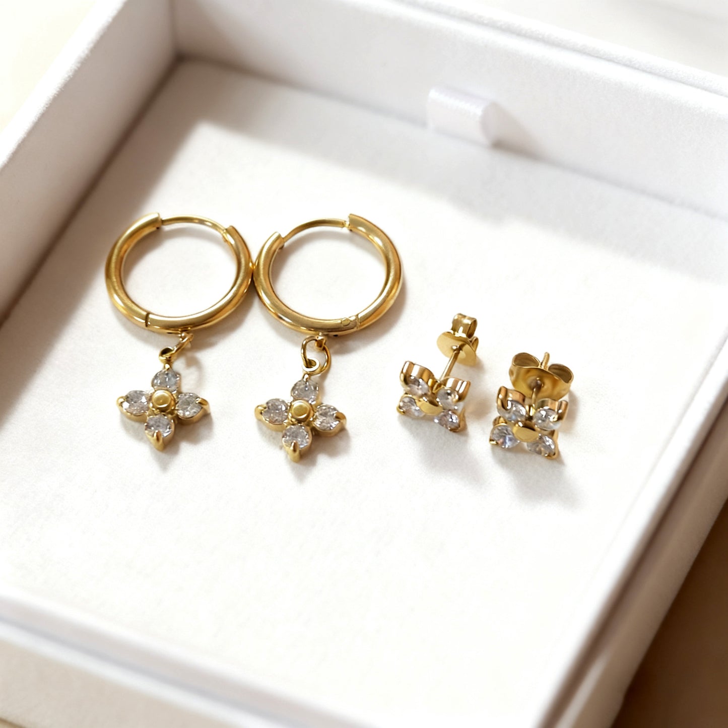 Luxury Floral Stainless Steel Gold Plated Cubic Zirconia Earrings for Women