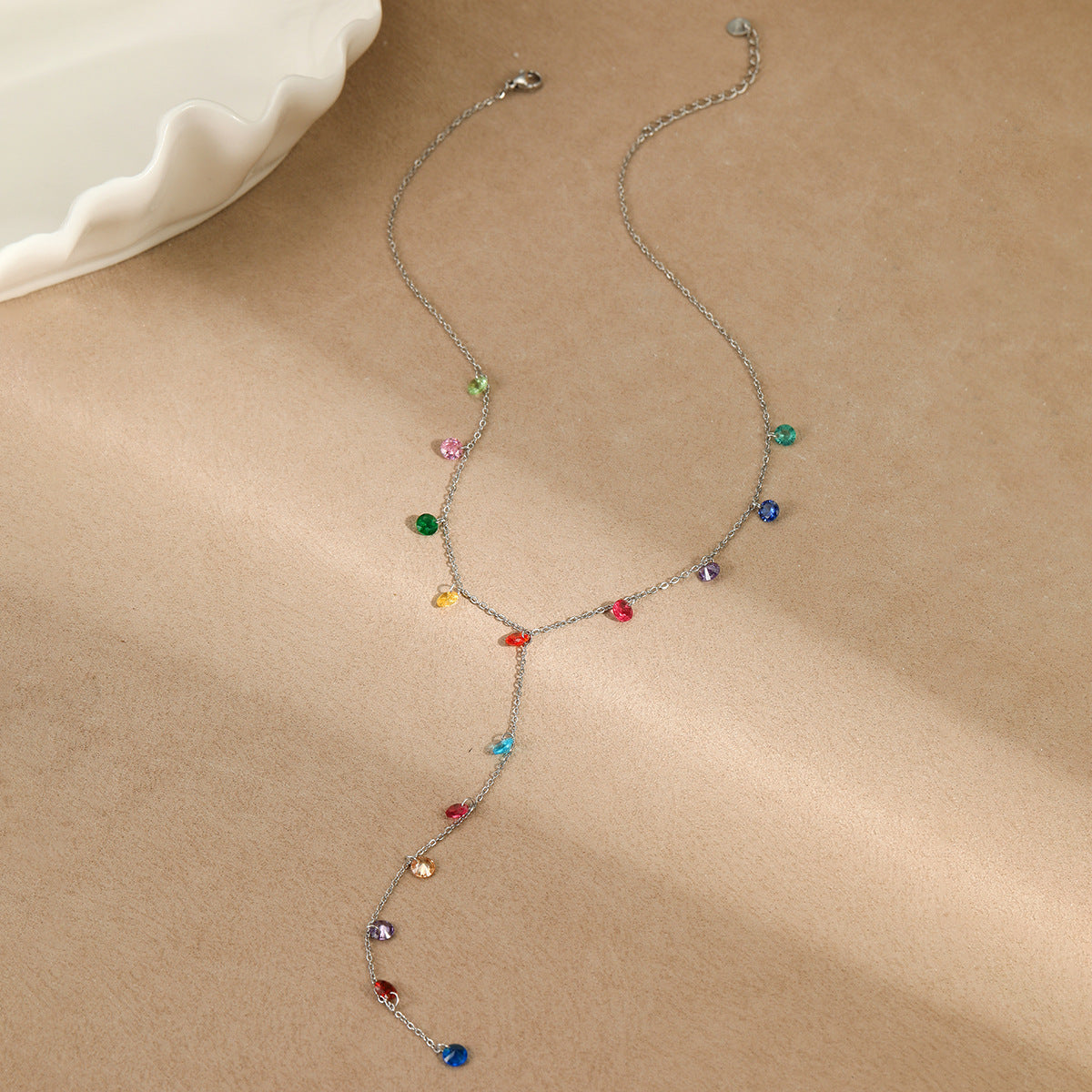 Minimalist Geometric Y-Shaped Stainless Steel Necklace with 18K Gold Plating and Colorful Zircon Accents for Women