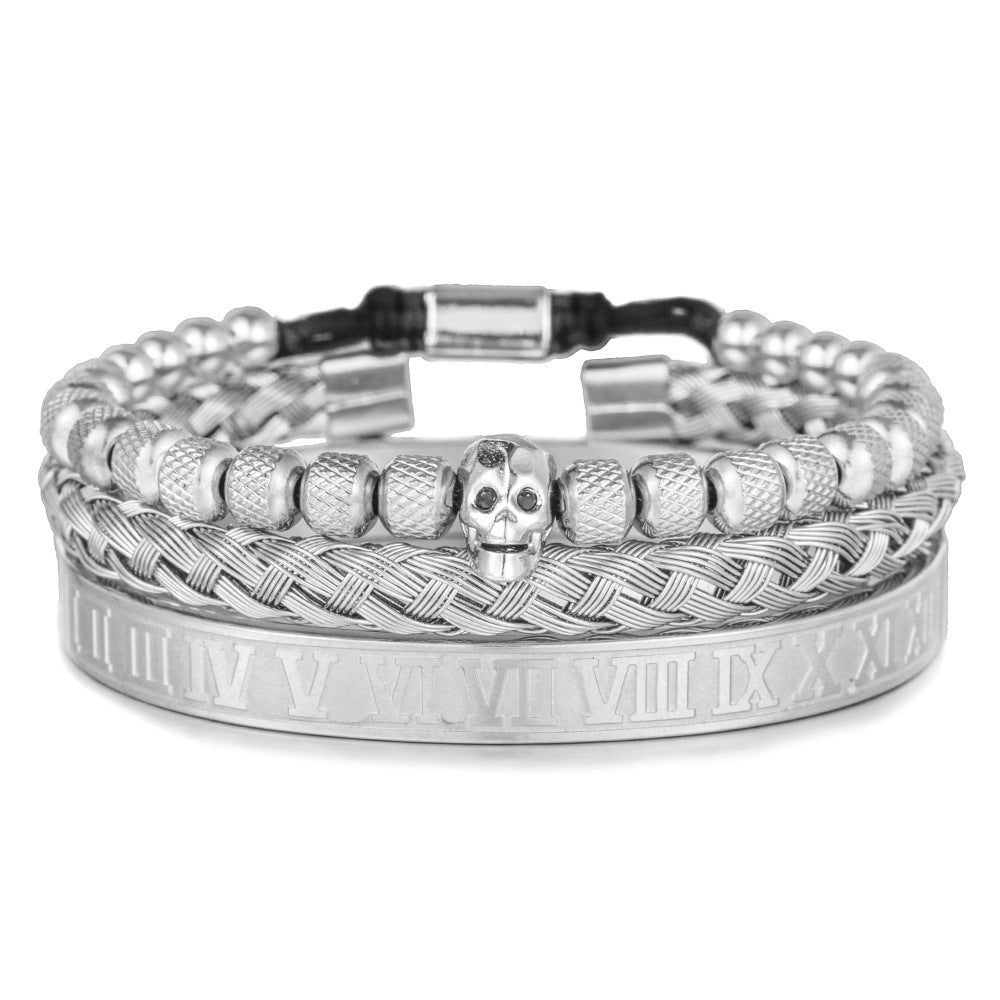 Vintage Streetwear Skull Letter Number Braided Titanium Steel Bracelet with Cubic Zirconia