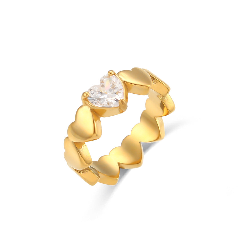 Minimalist Geometric Heart-Shaped Zirconia Ring in Stainless Steel with 18K Gold Plating for Women