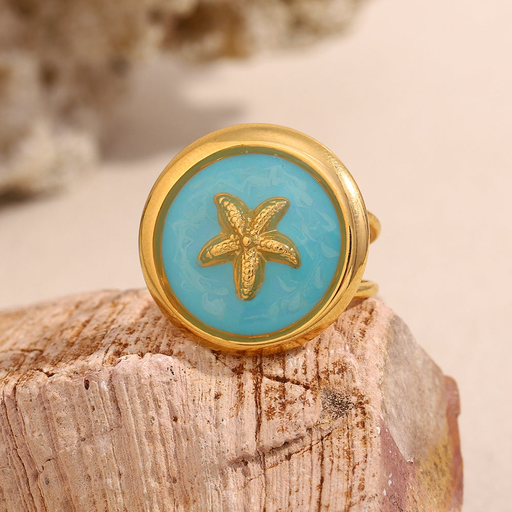 Anello da donna in acciaio inossidabile con placcatura in oro 18 carati e design a stella in smalto, ispirato al vintage
