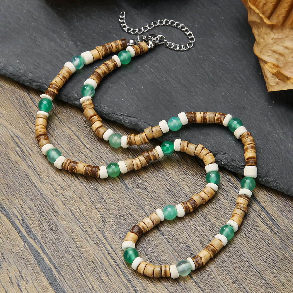 Casual Geometric Round Wood Beaded Necklace with Green Agate for Unisex